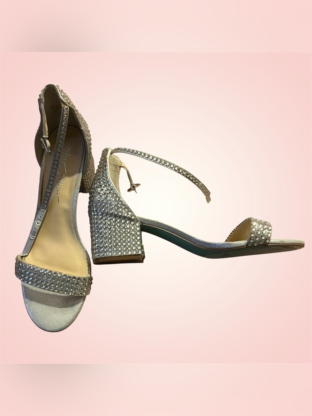 BETSEY JOHNSON Rhinestone Silver Block Sandal Heels with Ankle Strap